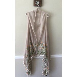 NWT Justin & Taylor Sheer Floral Embroidered Kimono Vest Cream One Size
